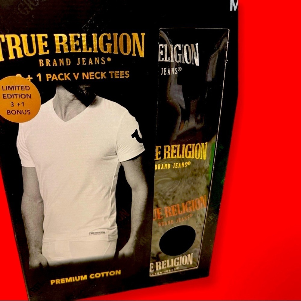 Four True Religion Limited Edition Black Logo V-Neck Tees (4)